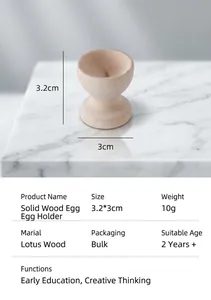 Detailed view of natural lotus wood egg cup holder with product dimension specifications