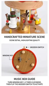 Détail de la boîte à musique de Noël en bois avec clé de remontage et décor de bonhomme de neige