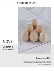 Detailed view of six unfinished smooth wooden mushroom and egg DIY crafts for kids
