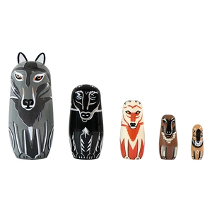 Five-piece hand-painted wooden nesting dolls featuring creative prairie wolf and fox designs