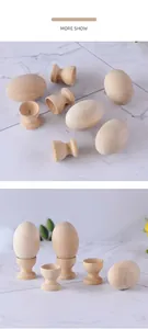Close-up of unfinished wooden eggs and hourglass stands for DIY painting and Easter decor