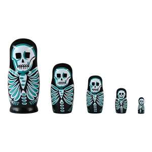 Handcrafted skull pattern Russian nesting dolls set in black, white, and tiffany blue
