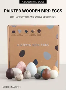 Detailed view of 12 colorful wooden egg toys set with educational packaging box