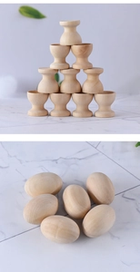 Macro detail of natural unfinished wooden egg holders and eggs for DIY Easter crafts