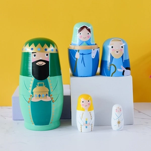 5-piece set of wooden hand-painted Nativity Matryoshka Russian dolls with festive theme