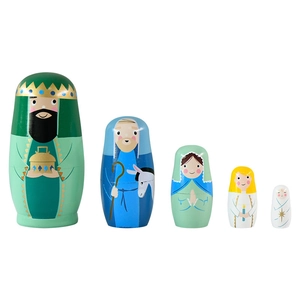 5-piece wooden nesting dolls with hand-painted Nativity scene and Christmas religious figures