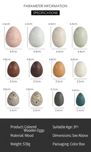 Detailed size specifications for a set of 12 colorful painted wooden bird egg toys