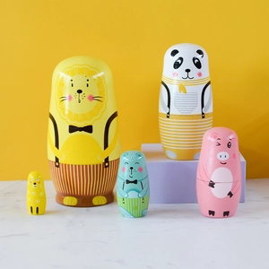 Hand Painted Wood Animal Nesting Dolls Russian Matryoshka Lion Panda Pig Bear Chicken Decorative Table Ornament Gift