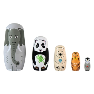 5-piece animal nested dolls set featuring elephant, panda, and polar bear in wood