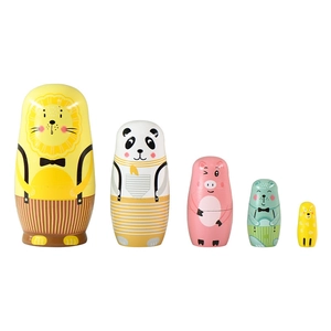 Handcrafted 5-piece animal nested dolls set featuring tiger and panda wooden crafts