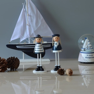 Handcrafted wooden nautical figurines set with long legs for Mediterranean home decor