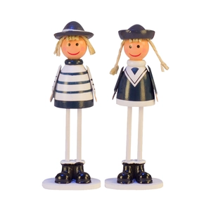 Handcrafted wooden nautical sailor dolls with blue stripes and yellow braids on white base