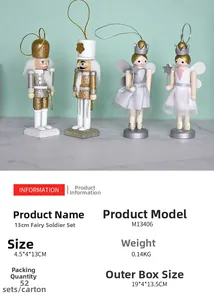 Detail view of 13cm wooden nutcracker fairy and soldier ornaments with gold glitter finish