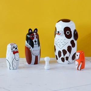 Dog Russian Nesting Dolls Matryoshka Handmade Lotus Wood Hand Painted Cartoon Puppy Animal Desktop Ornament