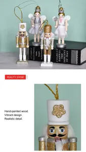 Close-up of hand-painted wooden nutcracker soldiers and fairy ornaments with glitter details