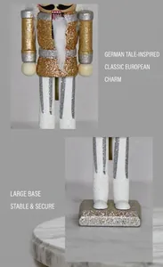 Detailed close-up of gold glitter nutcracker soldier with stable wide square base