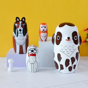Handcrafted 4-piece dog-themed wooden nesting dolls set with a glossy finish