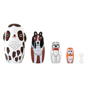 5-piece dog themed wooden Russian nesting dolls set with a small bone figure