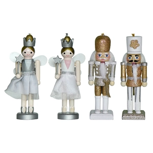 Set of 4 wooden nutcracker ballet fairy ornaments with silver glitter and pink tutus