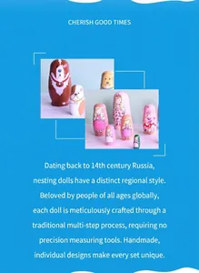 Detailed view of hand-painted wooden nesting dolls with dog and cartoon girl patterns