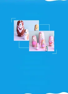 Detailed view of hand-painted wooden nesting dolls with dog and cartoon girl patterns