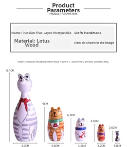 Size chart showing height and diameter for 5 layers of handmade wooden cat nesting dolls