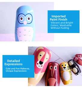 Detailed view of hand-painted zoo animal nesting dolls with durable waterproof finish