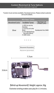Mechanical hand-crank music box movement with silver metal gears and 7.7x3.6cm dimensions