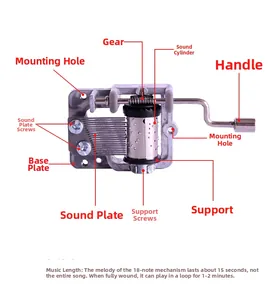 Macro view of mechanical 18-note music box movement with gears and hand crank