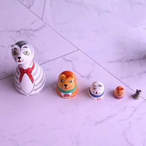 Hand-painted wooden cat nesting dolls set of 5 featuring cute kitten and mouse designs