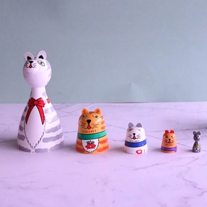 Handcrafted wooden nesting dolls with cat hand-painted designs for children gift