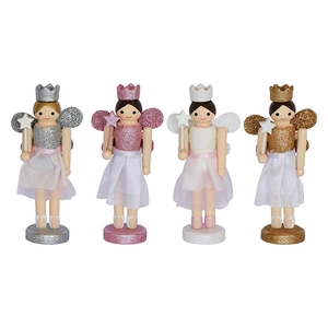 Set of four wooden nutcracker fairy ornaments in silver, pink, white, and gold colors
