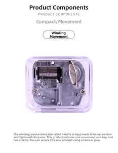 Macro view of clear plastic music box shell with silver mechanical movement parts