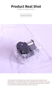 Detail view of the mechanical music box movement inside a clear transparent plastic case