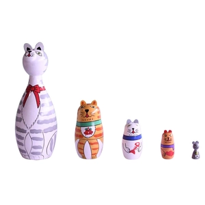 Hand-painted wooden nesting dolls featuring cats and a mouse in a 5-piece set for kids