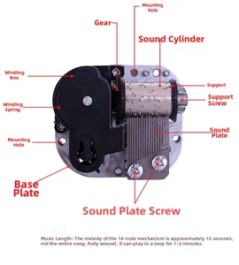 Internal view of 18-note wind-up music box movement with silver metal gear and black spring