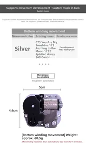 Mechanical wind-up music box movement dimensions 5cm x 4.4cm with 60.5g weight detail