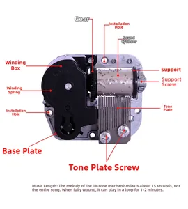 Macro view of 18-note mechanical music box movement with labeled internal gears and parts