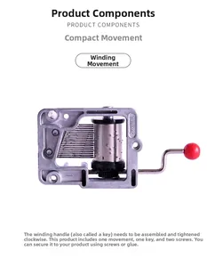 Detailed view of DIY music box mechanical movement parts with crank and screws