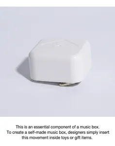 Close-up of DIY mechanical music box movement with white plastic case and metal winder
