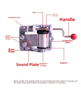Mechanical 18-note music box movement with red handle and internal metal gears