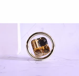 Macro view of 18-note mechanical music box movement with gold finish in circular case