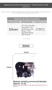 Mechanisches Spieluhr-Uhrwerk in Silber mit Angaben zu Abmessungen und dem Gewicht