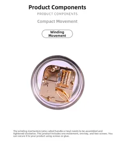 Macro detail of gold-plated music box movement with winding key and screws