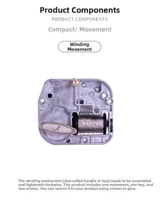 Mechanical wind-up music box movement with silver winding key and mounting screws set