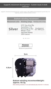 Mechanical 18-note wind-up music box movement with brake and gear details, 5x4.4cm size