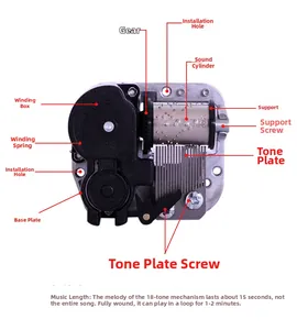 Detailed internal view of 18-note mechanical music box movement with DIY mounting holes