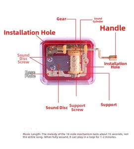 Detail view of 18-note gold-plated music box movement with pink plastic shell