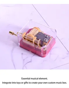 Macro view of hand-cranked music box mechanism with gold plating in transparent case
