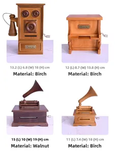 Collection de quatre boîtes à musique mécaniques rétro en noyer et bouleau aux designs variés